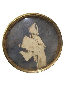 Antique Brass Round Frame Portrait Vintage Baby Photograph Easel Back Mini 3.5"